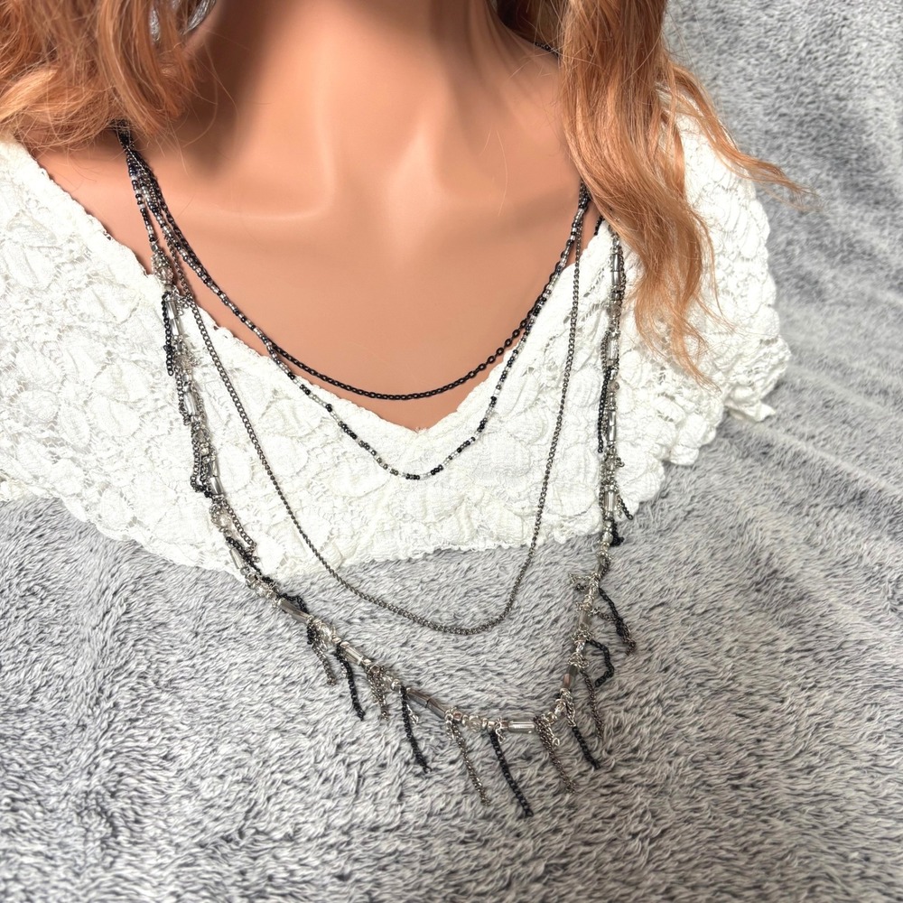 Tassel Layered Necklace Festival Beaded Chain Silver Black Goth Grunge 21867
